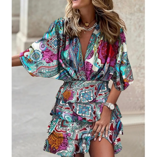 Women's Sport Dress V-Neck Loose Batwing Sleeve Elastic Waist Printed Dress Mini Casual Ruffle Hem Dresses