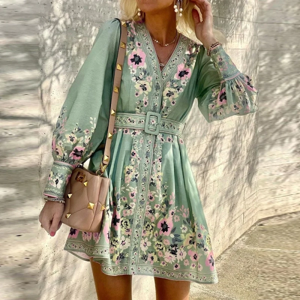 2024 Autumn New Bohemian Women's Long sleeved V-neck Loose Printed Belt Fashionable and Elegant Basic Midi Dress for Women y2K