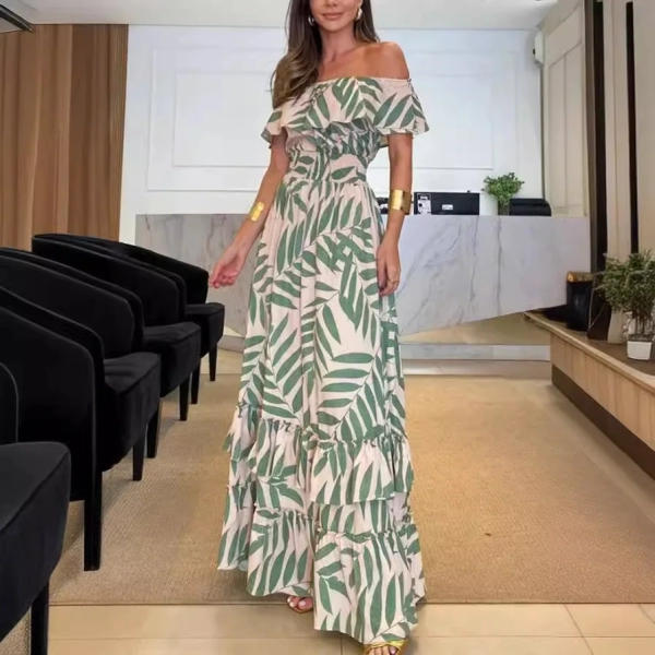 2024 Summer Off Shoulder Maxi Dress Ruffles Sexy Leaf Print Holiday Beachwear Elegant Party Dresses For Women Robes