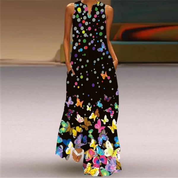 Beach Maxi Dress Elegant Women's Sleeveless V-neck Butterfly Print Fashion Pocket Retro Sexy Beach Party Bohemian Dress Robe