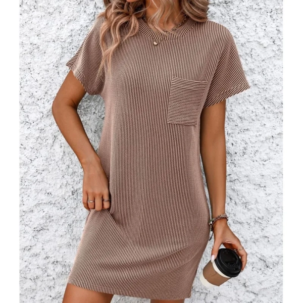 2024 new women's summer casual patchwork contrasting twisted bat short sleeved pocket round neck pullover dress y2k