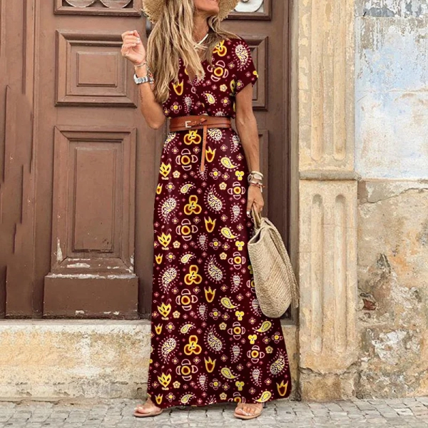 Women's Summer Casual Loose Fitting Dress Fashionable V-neck Short Sleeved Dress Holiday Party Bohemian Style Floral Long Dress