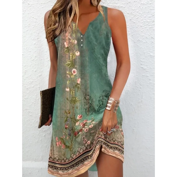 2024 Leisure Women's Tank Top Dress Summer New Art Retro 3D Flower Fashion Print V-neck Button Pullover Slim Dress Women