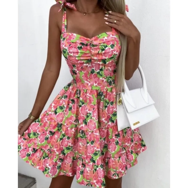 2024 Summer Fashion Short Boho Dress Women Mini Floral Print Dress Female Sleeveless Hanging Belt Printed Waist Folded Dress Y2K