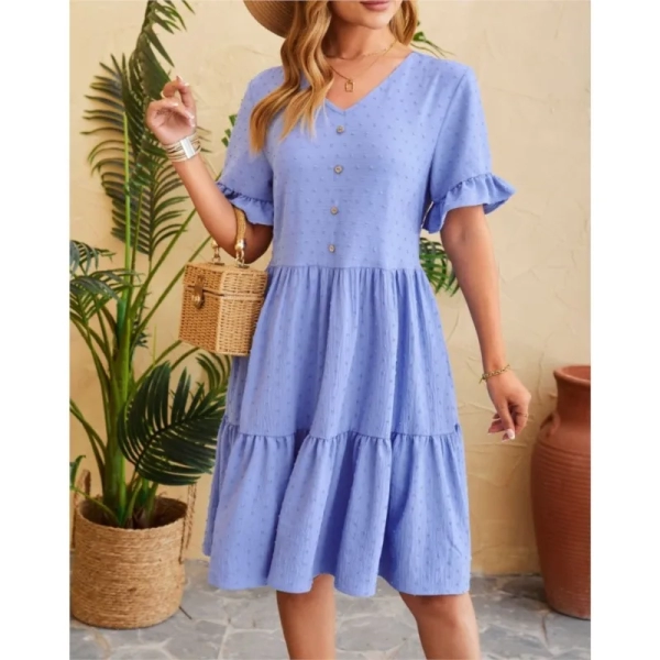 Women's Solid Color Button Ruffle Knee Length Dress 2024 Summer New V-neck Jacquard Half Sleeve Pleated Party Dress Vesstidos