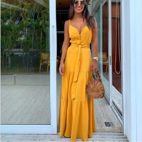 Womens Summer Spaghetti Strap Long Dress Bohemian Style Sleeveless V-neck Elegant Lady Dresses Casual Maxi Beach Party Vestidos