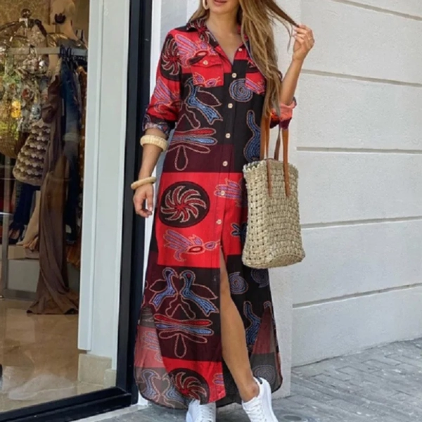 Women's New Long sleeved Shirt Skirt Women's Long Skirt Flip Collar Mid Waist Dress Elegant Commuter Print Button Cardigan Dress