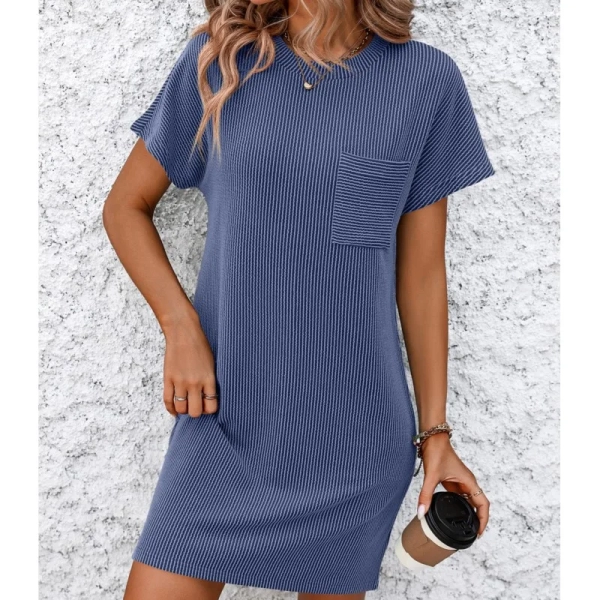 2024 new women's summer casual patchwork contrasting twisted bat short sleeved pocket round neck pullover dress y2k