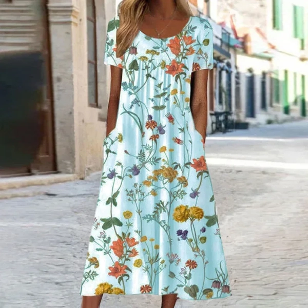 Loose Short Sleeved Printed Bohemian Long Dress For Women 2024 Summer Round Neck Floral Print Large Swing Dress Vestido Casual