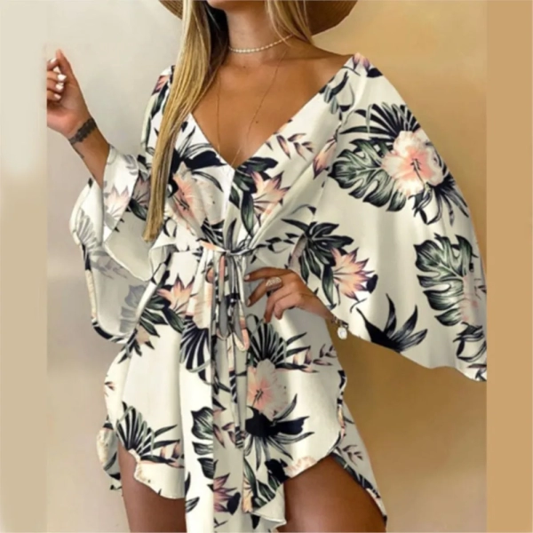 Women Print Dress Sexy V-Neck Bat Sleeve Ruffl Flowers Print Bohemian Beach Sundress Ladies Loose Summer Vacation Mini Dresses