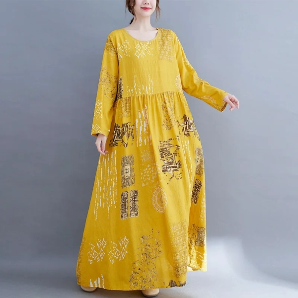 Yellow Oversized Women's Floral Sundress 2024 Printed Maxi Dress Elegant Autumn Casual Long Sleeve Vestidos Female Cotton Robes