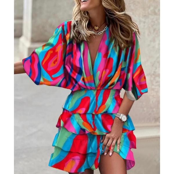 Women's Sport Dress V-Neck Loose Batwing Sleeve Elastic Waist Printed Dress Mini Casual Ruffle Hem Dresses