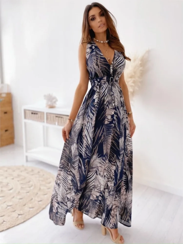 Fashion Printed Beach Dresses For Women Sexy Deep V-neck Backless Leace-up Casual Vacation Sleeveless A-line Long Dress Vestidos