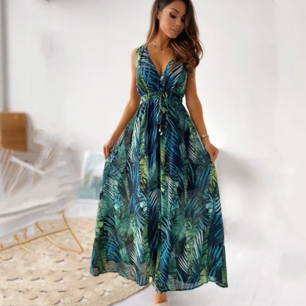 Fashion Printed Beach Dresses For Women Sexy Deep V-neck Backless Leace-up Casual Vacation Sleeveless A-line Long Dress Vestidos