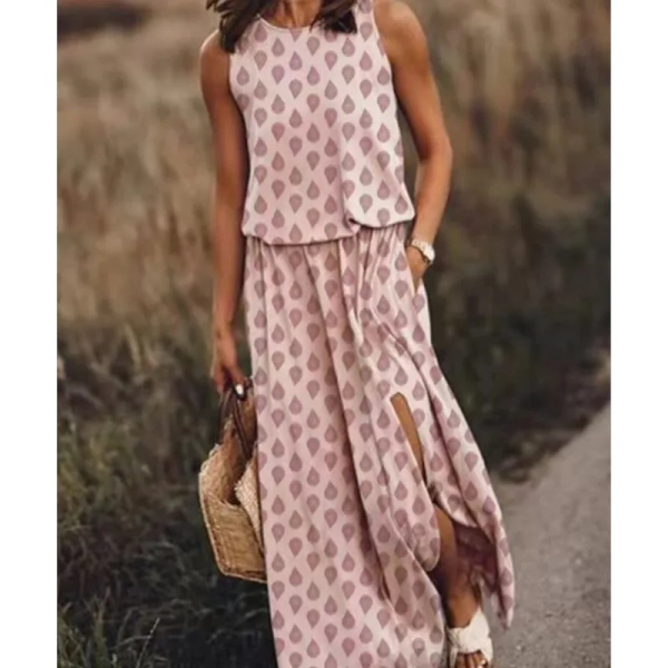 Leisure Commuting Long Dress 2024 Summer New Women's Round Neck Sleeveless Dress Split Multi Color Solid Color Long Dress