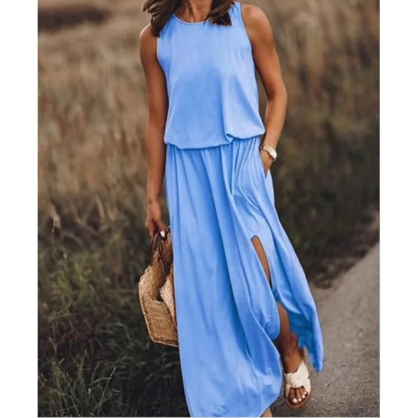 Leisure Commuting Long Dress 2024 Summer New Women's Round Neck Sleeveless Dress Split Multi Color Solid Color Long Dress