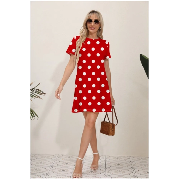 Elegant Women's Summer Midi Dress Red Dot 3D Printed Round Neck Short Sleeve Comfortable Casual Women's Dress платье лето