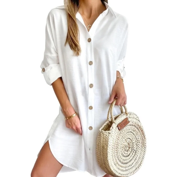 Solid color button up front shirt dress for women, 2024 autumn casual long sleeved lapel button up shirt dress for women