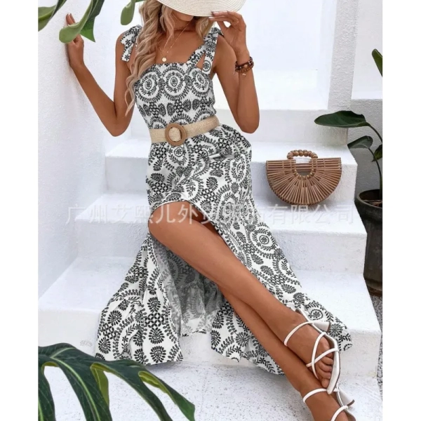 Elegant women's clothing 2024 summer new fashionable suspender print sleeveless slit personalized street long dress y2k