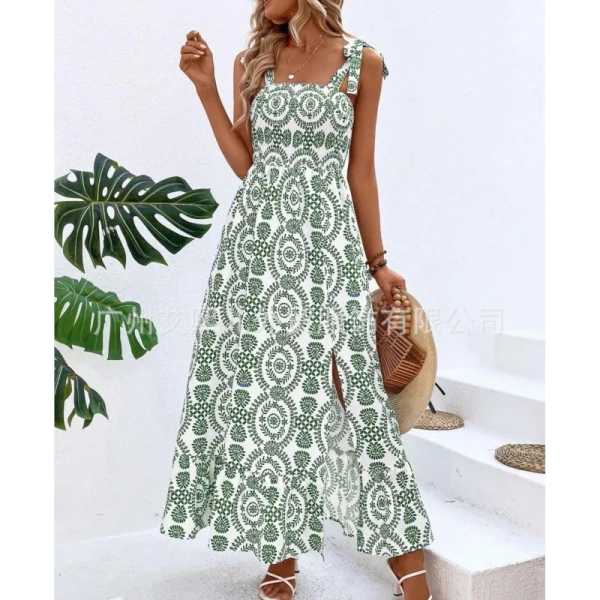 Elegant women's clothing 2024 summer new fashionable suspender print sleeveless slit personalized street long dress y2k