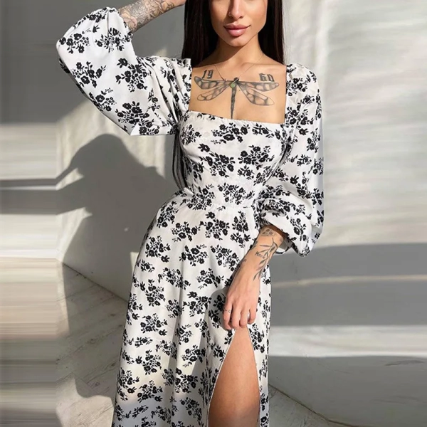 Women summer dress 2023 new square collar temperament elegant printed lantern sleeve slit woman dresses vestidos GHH8551