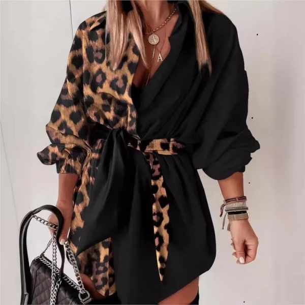 Daily Dresses for Women 2024 Spring Leopard Print Lantern Sleeve Turn-Down Collar Loose High Waist Mini Shirt Dress with Belt