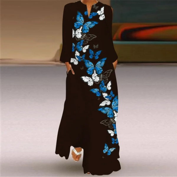 2024 Spring and Autumn New Beach Style Women's Retro Butterfly Print Long Dress V-neck Long Sleeve Insert Pocket Summer Dress