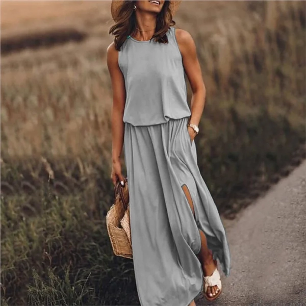 Leisure Commuting Long Dress 2024 Summer New Women's Round Neck Sleeveless Dress Split Multi Color Solid Color Long Dress