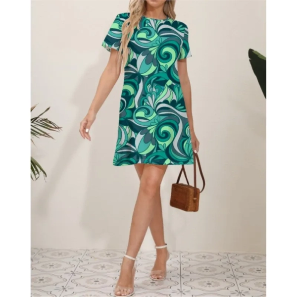 Elegant Women's Midi Dress Flower 2024 Summer New Slim Fit Comfortable Casual Short Sleeve Round Neck Dress s-XXL