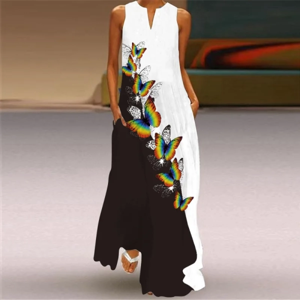 Summer Fashion Elegant V-Neck Printed Long Dress Art Retro Large Swing Dress Long Dresses Vestidos Ropa Mujer Robe Maxi Elegante