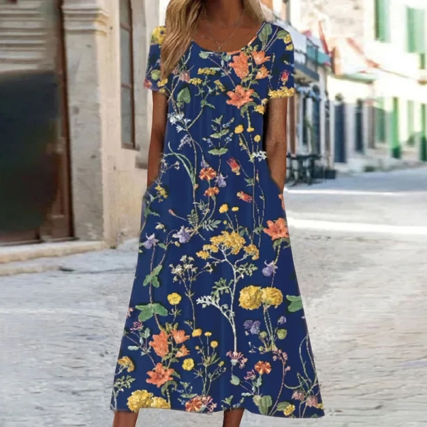 Loose Short Sleeved Printed Bohemian Long Dress For Women 2024 Summer Round Neck Floral Print Large Swing Dress Vestido Casual