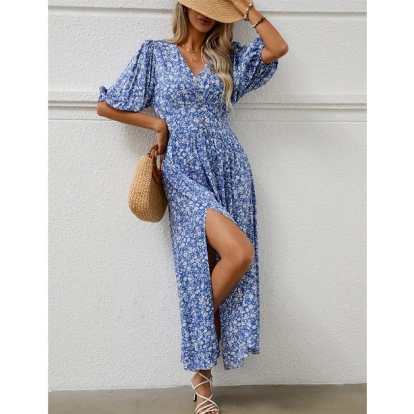 Women 2024 Summer Maxi Dress V Neck Half Puff Sleeve Front Split Blue Elegant Boho Beach Holiday Party Beach Dresses Vestidos