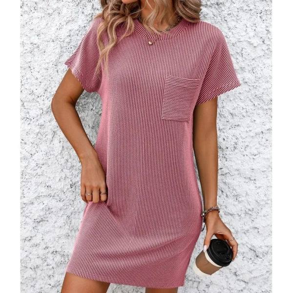 2024 new women's summer casual patchwork contrasting twisted bat short sleeved pocket round neck pullover dress y2k