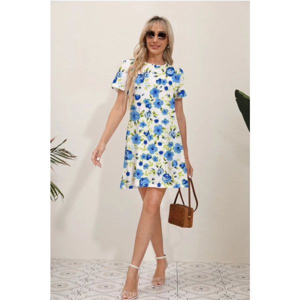 Ladies Spring Summer Dress Rainbow Flowers Print Dress Fashion Elegant Short Sleeve O-Neck Oversized Casual Party Wear Sundress