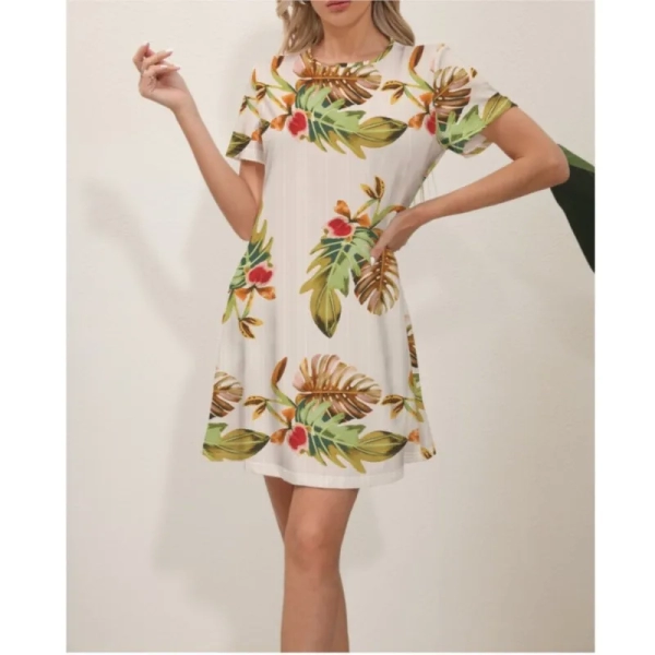 Elegant Women's Midi Dress Flower 2024 Summer New Slim Fit Comfortable Casual Short Sleeve Round Neck Dress s-XXL