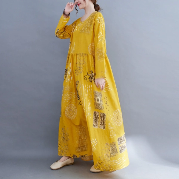 Yellow Oversized Women's Floral Sundress 2024 Printed Maxi Dress Elegant Autumn Casual Long Sleeve Vestidos Female Cotton Robes