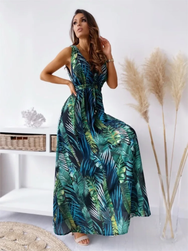 Fashion Printed Beach Dresses For Women Sexy Deep V-neck Backless Leace-up Casual Vacation Sleeveless A-line Long Dress Vestidos