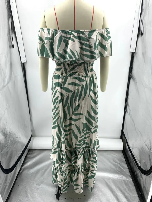 2024 Summer Off Shoulder Maxi Dress Ruffles Sexy Leaf Print Holiday Beachwear Elegant Party Dresses For Women Robes