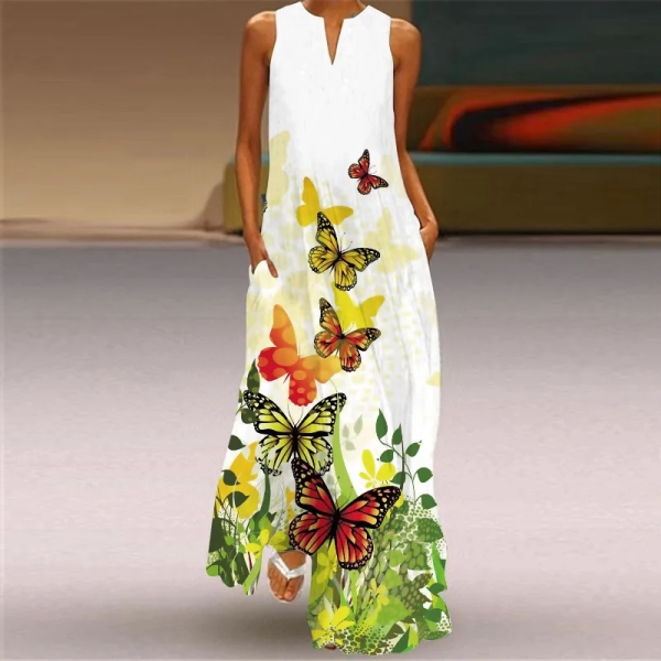 Beach Maxi Dress Elegant Women's Sleeveless V-neck Butterfly Print Fashion Pocket Retro Sexy Beach Party Bohemian Dress Robe