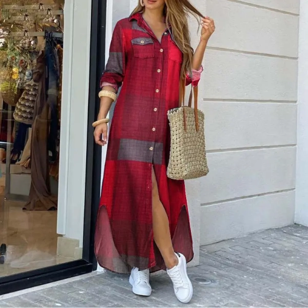 Women's New Long sleeved Shirt Skirt Women's Long Skirt Flip Collar Mid Waist Dress Elegant Commuter Print Button Cardigan Dress