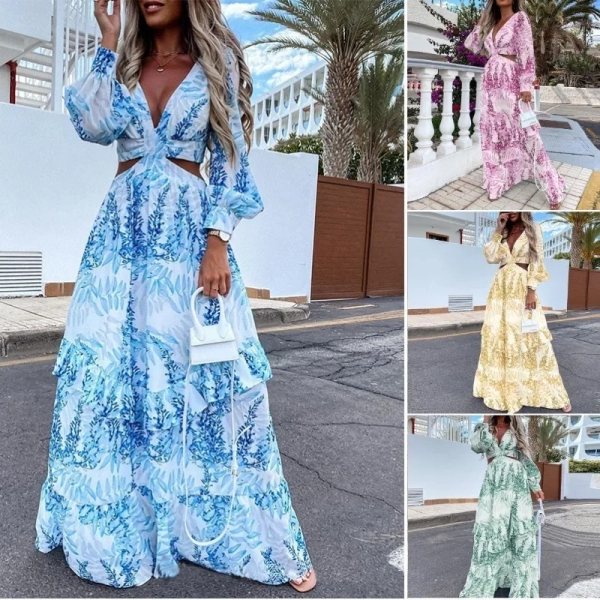 Sexy Floral Print Dress Women V Neck Side Slit Elegant Long Dress Spring Loose Elegant Boho Holiday Beach Dress Vestidos Y2K