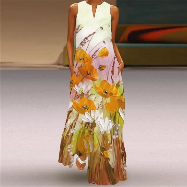 Beach Maxi Dress Elegant Women's Sleeveless V-neck Abstract Printed Fashion Pocket Retro Sexy Beach Party Bohemian Dress Robe