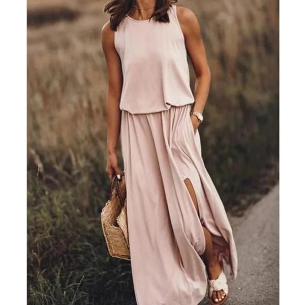 Leisure Commuting Long Dress 2024 Summer New Women's Round Neck Sleeveless Dress Split Multi Color Solid Color Long Dress