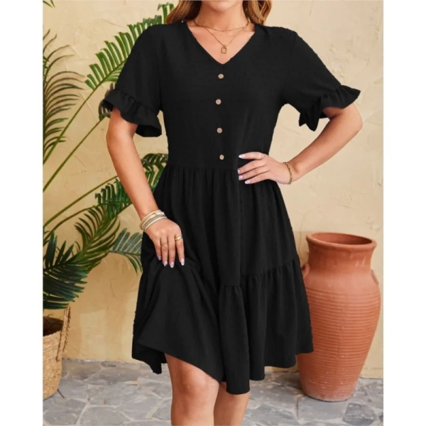 Women's Solid Color Button Ruffle Knee Length Dress 2024 Summer New V-neck Jacquard Half Sleeve Pleated Party Dress Vesstidos