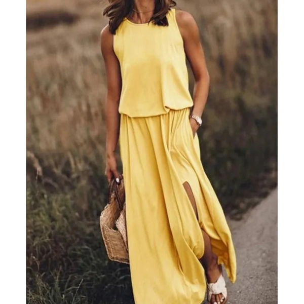 Leisure Commuting Long Dress 2024 Summer New Women's Round Neck Sleeveless Dress Split Multi Color Solid Color Long Dress