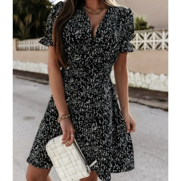 Fashionable and sexy women's 2024 summer new print V-neck ruffle sleeves high waist single breasted mini floral dress