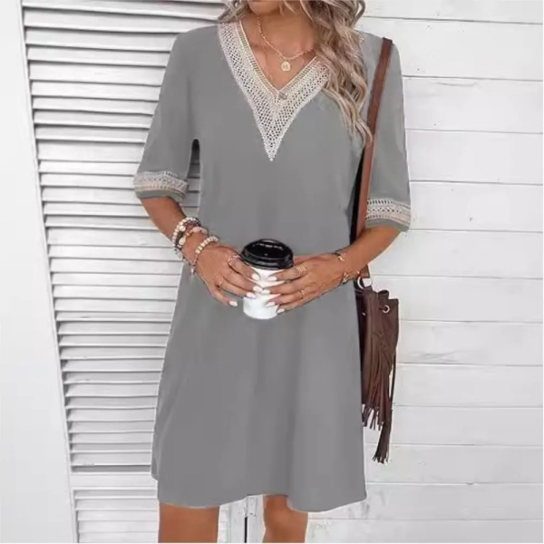 Women's Solid Color Pullover Dress 2024 New Lace Patchwork V-neck Mid Sleeve Loose Casual Dress Roupa Feminina Vestidos De Mujer