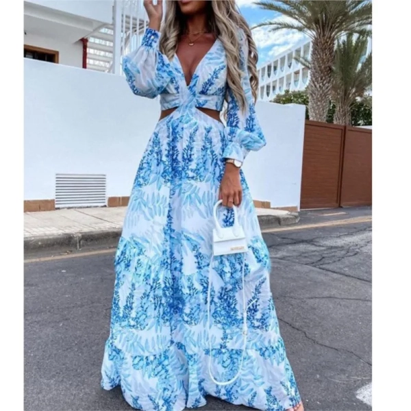 Sexy Floral Print Dress Women V Neck Side Slit Elegant Long Dress Spring Loose Elegant Boho Holiday Beach Dress Vestidos Y2K