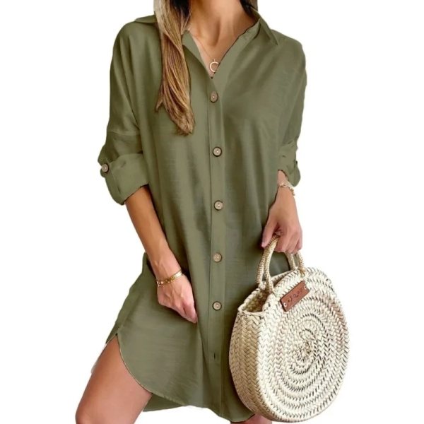 Solid color button up front shirt dress for women, 2024 autumn casual long sleeved lapel button up shirt dress for women