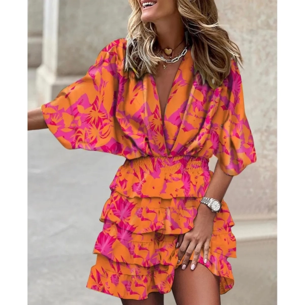 Women's Sport Dress V-Neck Loose Batwing Sleeve Elastic Waist Printed Dress Mini Casual Ruffle Hem Dresses